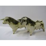 STUDIO POTTERY, 2 glazed pottery Bulls by Paula Humphris, Polperro Pottery, 10.5" length