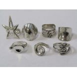 SILVER RINGS, Selection of 7 silver rings of various sizes and abstract designs
