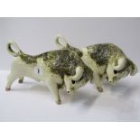 STUDIO POTTERY, pair of glazed pottery Bulls by Paula Humphris, Polperro Pottery, 10" length