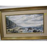 CONTEMPORARY ENGLISH SCHOOL, oil on board "Breaking Waves at base of Cliffs", 11.5" x 23.5"