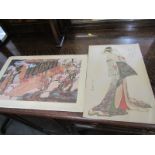 JAPANESE ART, 2 coloured wood block prints "Portrait of Geisha and Blossom Time", 15" x 9.5"
