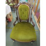 VICTORIAN NURSING CHAIR, carved walnut button back green upholstered nursing chair (some damage to