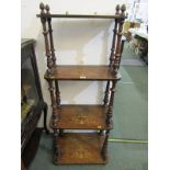 WALNUT MARQUETRY WHATNOT, 4 tier graduated shelf narrow whatnot with tapering pillar supports, 50"