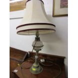 LIGHTING, cut glass spherical reservoir converted oil lamp on embossed white metal stand