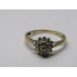 9CT YELLOW GOLD DIAMOND CLUSTER RING, 0.10ct of diamond, size L