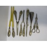 LADIES MANICURE ITEMS, pair of silver handled glove stretchers, 3 pairs of assorted curling tongs,