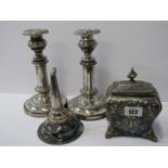 SILVERPLATE, pair of Georgian Sheffield plate circular base telescopic candlesticks, 10" height;