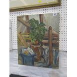 STILL LIFE, oil on canvas "Cheese Plant with steps and blue dustbin", 18" x 15"