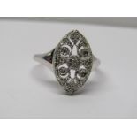 9CT WHITE GOLD DIAMOND CLUSTER RING, unusual pierced pattern of geometric design, size S