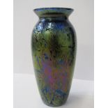 IRIDESCENT GLASS VASE, art glass 8" blue, green & purple decorated vase