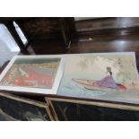 JAPANESE ART, 2 unframed colour wood blocks, "City Interior" and "Figure on River Bank", 10" x 15"