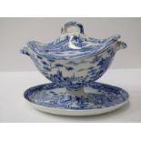 BLUE TRANSFER WARE, "Riverside Castle" pattern, oval boat shaped pedestal sauce tureen and lid, 6"