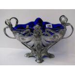 ART NOUVEAU, silver plate twin handled "Nymph" design centre bowl, original blue glass liner