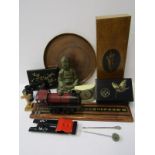 MAUCHLINE GLOVE BOX, early clockwork locomotive (requires restoration), billiard score board and