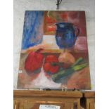 STILL LIFE, oil on canvas "Blue jug, peppers, onion and leek", 35" x 27"