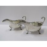 SILVER SAUCE BOATS, a matched pair of silver sauce boats on 3 cusped feet, makers FE & HE, 7"