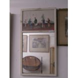 ORIENTAL MIRROR, white painted surround 2 section mirror, inset with rice paper painting of