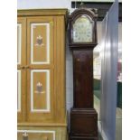 EARLY 19TH CENTURY 8 DAY LONGCASE CLOCK, painted break arch face with floral cresting, plain