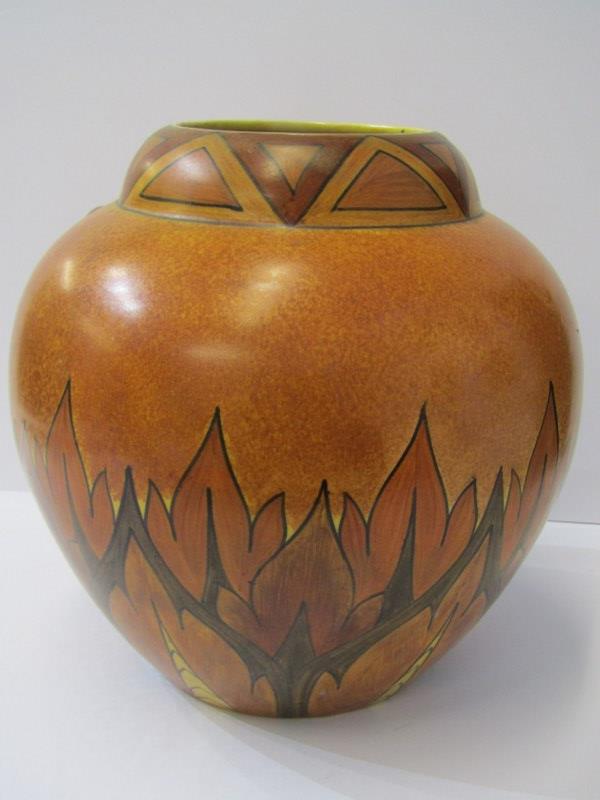 ART DECO, "Chameleon" stylised brown leaf design spherical 9" vase by Clews & Co Limited (base