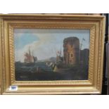 MARITIME, antique oil on panel "Battleships off Castle Headland", 8" x 11"