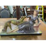 ART NOUVEAU, French painted plaster group "Young Lady with Dog" signed M. Toscana, 24" length