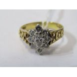 19ct YELLOW GOLD DIAMOND CLUSTER RING, principal marcasite cut diamond surrounded by 8 brilliant cut