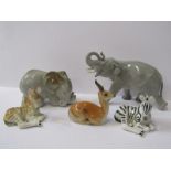 RUSSIAN PORCELAIN ANIMALS, Lomonosov group of 5 animals, consisiting of 2 Zebra foals, Elephant calf