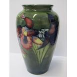 MOORCROFT, "Iris" pattern green ground high shoulder 10" vase (base glaze crazing)