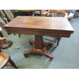 VICTORIAN ROSEWOOD TEA TABLE, square fold top with quadrefoil column and platform (requires some