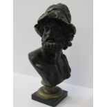 BRONZE, after Barbedienne classical bronze bust "Bearded Warrior" on gilded pedestal square base,