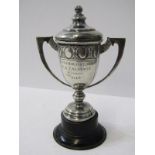 MINIATURE TWIN HANDLED LIDDED TROPHY CUP, Birmingham HM, inscribed "1949 Bowling Trophy", 4.5" (