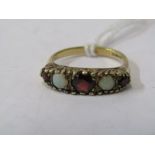 VINTAGE 9CT YELLOW GOLD GARNET & OPAL RING, size K/L