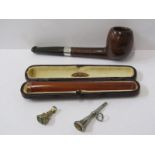 CHEROOT HOLDER, 9ct gold mounted cheroot holder in fitted case, a pipe with silver band also 2 stone