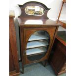 EDWARDIAN DISPLAY CABINET, inlaid mahogany glazed single door narrow cabinet with mirror back, 47"