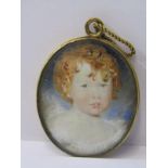 GEORGIAN MINIATURE, Georgian oval miniature portrait of a red haired child in a gilt metal floral