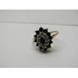 9CT YELLOW GOLD SAPPHIRE & DIAMOND CLUSTER RING, size N