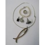 A SELECTION OF SILVER ITEMS, including fish pendant, necklace, rings and a pearl bracelet