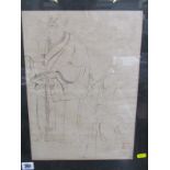 ORIENTAL ART, Oriental drawing of 2 figures signed with red square seal, 14" x 10"