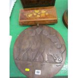 MARQUETRY, floral marquetry musical jewel box, 11" width; also an ethnic carved circular double