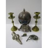 SILVERPLATE, Edwardian egg boiler, Arts & Crafts 7" brass candle sticks, miniature shoe pin cushion,