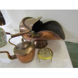 ANTIQUE METALWARE, Victorian copper swing handled coal scuttle, together with Victorian copper acorn