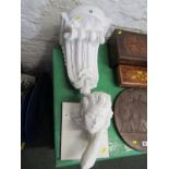 ARCHITECTURAL, painted scroll support bracket shelf, 15" height, also plaster sculpture "Head of