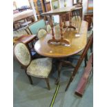 BURR WALNUT EXTENDING D-END TWIN PILLAR SUPPORT DINING TABLE with 6 tapestry upholstered spoon