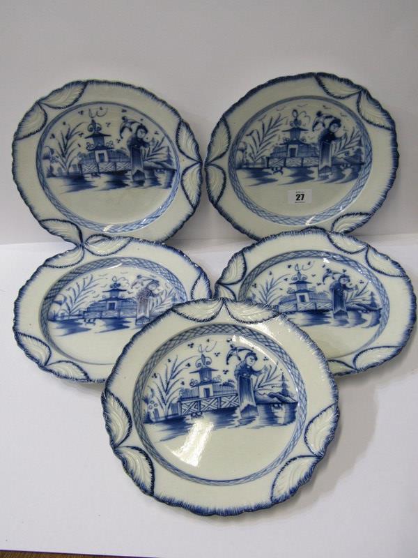 ANTIQUE PEARLWARE POTTERY, set of 5 "Long Eliza in Garden" pattern circular plates, impressed "W",