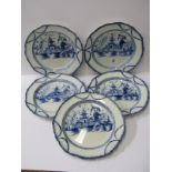 ANTIQUE PEARLWARE POTTERY, set of 5 "Long Eliza in Garden" pattern circular plates, impressed "W",