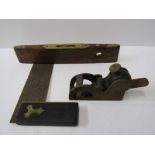 CARPENTRY TOOLS, brass banded spirit level, 9" length, also miniature plane and ebony handled square