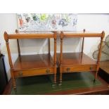 YEW OCCASIONAL TABLES, pair of reproduction cross banded yew drawer base, 2 tier side tables on