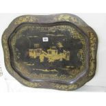 ANTIQUE PAPIER MACHE, 19th Century chinoiserie 22" shaped edge serving tray (wear to gilding and