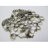 A LARGE SELECTION OF SILVER & WHITE METAL ITEMS, Including rings, chains, identity bracelet etc