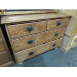 PITCH PINE STRAIGHT FRONT CHEST, 2 short and 2 long drawers, stamped Art Nouveau handles, 39" width